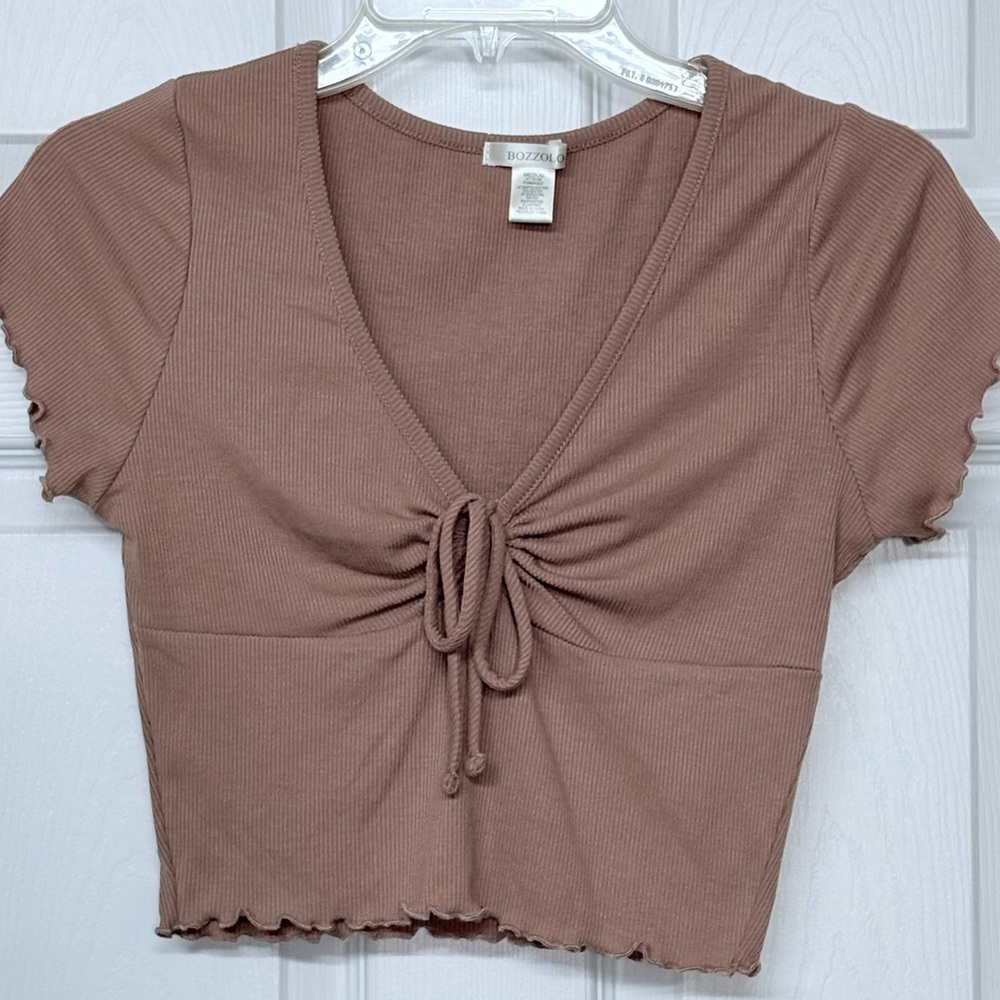 Bozzolo Light Brown Ribbed Tie-Front Stretchy Crop Top Sz M